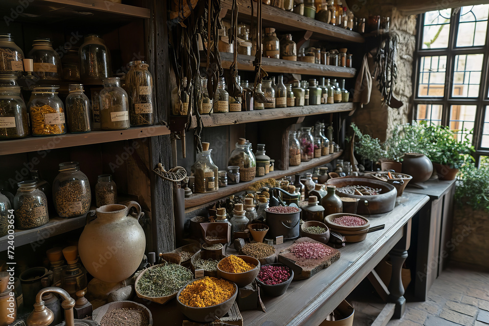 a medieval herbalist's shop in a village, filled with shelves lined with jars of various herbs, potions, and remedies a medieval herbalist's shop in a village, filled with shelves lined with jars of various herbs, potions, and remedies