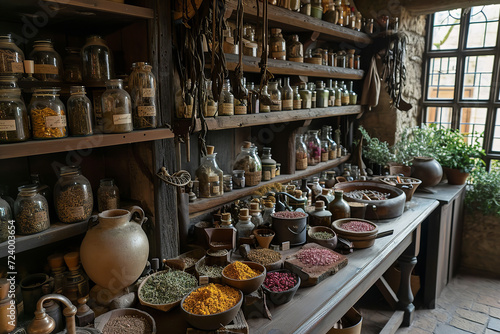 a medieval herbalist's shop in a village, filled with shelves lined with jars of various herbs, potions, and remedies