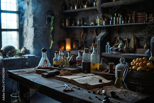 A medieval alchemist's laboratory with flasks and alembics, experimenting with substances photo