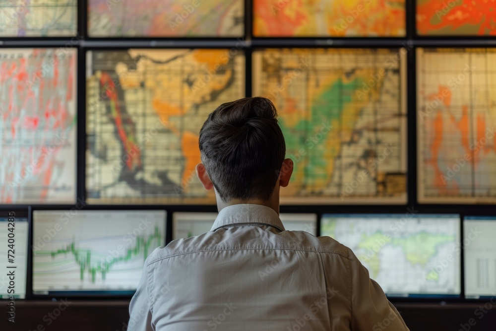 A curious man dressed in formal clothing gazes at a detailed map, immersed in the intricate art of navigation within the comforts of an indoor space A curious man dressed in formal clothing gazes at a detailed map, immersed in the intricate art of navigation within the comforts of an indoor space