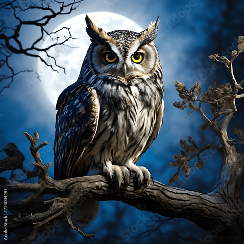 An owl sits on a tree branch in the moonlight ai generated © Shahin_designer