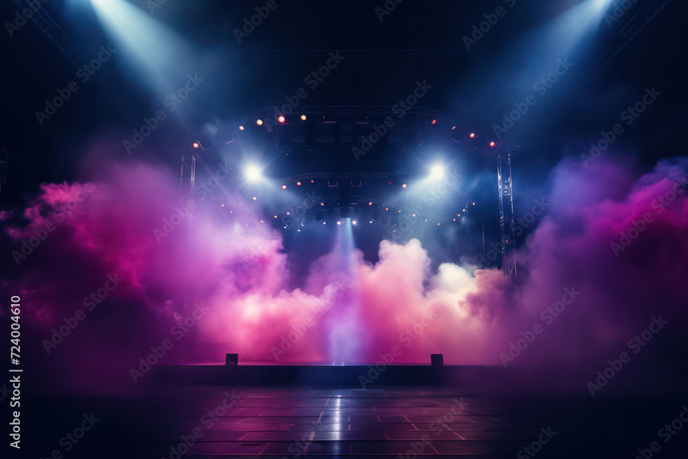 Stage Light Entertainment: The Blue Show Party - A Vibrant Night of Smoke and Rock, with a Disco Blur Decoration and Bright Glow. Theatre of Live Fun: Abstract Back Laser in the Red Nightclub Theatre
