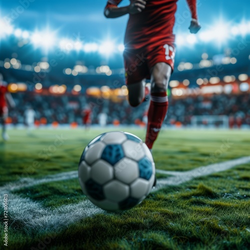 Close up of a soccer player kicking the ball during a match at a professional stadium with spectators in the stands