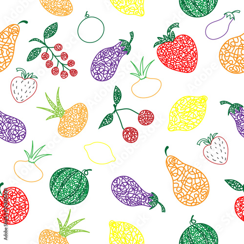 Seamless pattern with hand drawn watermelon, cherry, apple, pear, lemon, strawberry, eggplant, currant, onion on white background in childrens naive style.