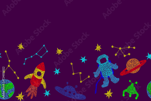 Seamless border with hand drawn stars, flying sauer, planet, mars rover, rocket, earth planet,constellations on purple background in childrens naive style.