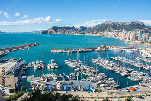View of the Port Pesquer el Raco port and marina on the Mediterranean Sea in Calpe seen from Penyal d Ifac Natural Park  Spain