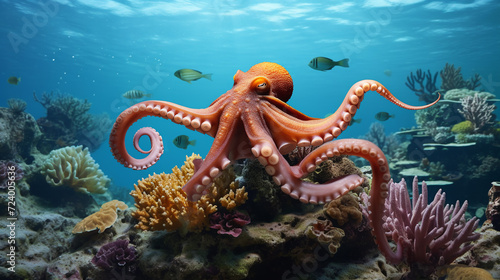 Octopus in the Red Sea. Underwater world. A magnificent octopus masterfully changes the color of its body disguises itself under the environment of an underwater rocky landscape close-up