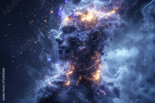 A serene visage emerges from a cosmic tapestry, embodying the universe's quiet majesty photo