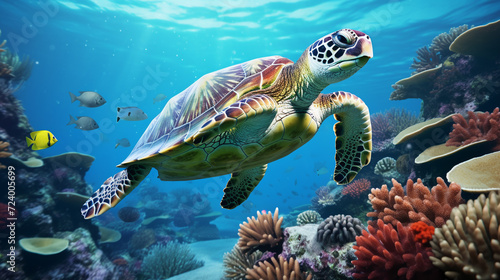 Green sea turtle swimming in a tropical coral reef. Marine life. Green sea turtle swimming in the deep blue ocean. Sea tortoise. 