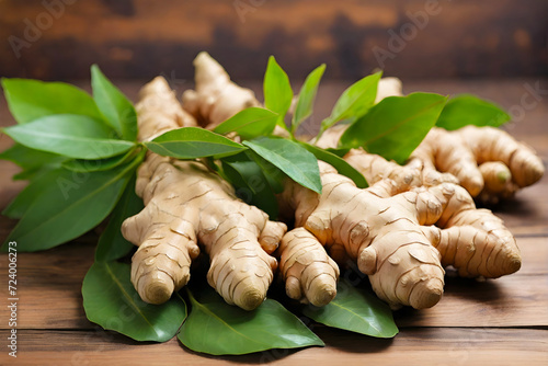 Fresh ginger with green leaves on a wooden table
