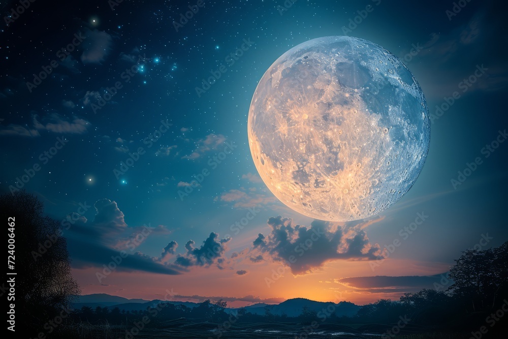 The full moon rises over the horizon, casting a silvery glow on the landscape below. A few stars are visible in the dark blue sky. The full moon rises over the horizon, casting a silvery glow on the landscape below. A few stars are visible in the dark blue sky.