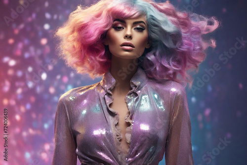 Beautiful young woman with pink and blue hair and bright make-up.