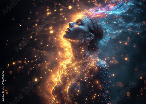 A serene face surrounded by a swirl of stardust