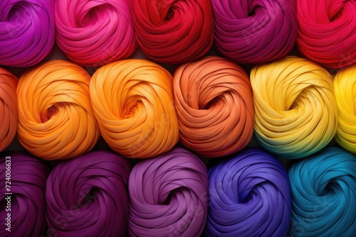 A collection of vibrant yarn balls in various colors neatly arranged side by side.