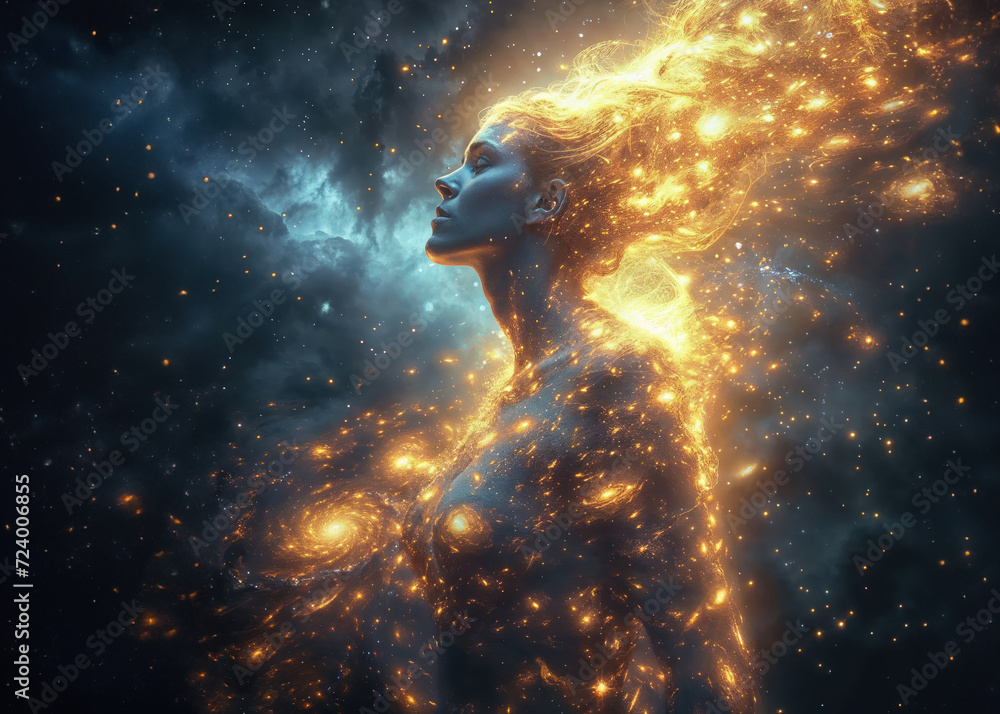 Woman's profile enveloped in a celestial glow, resembling a cosmic entity