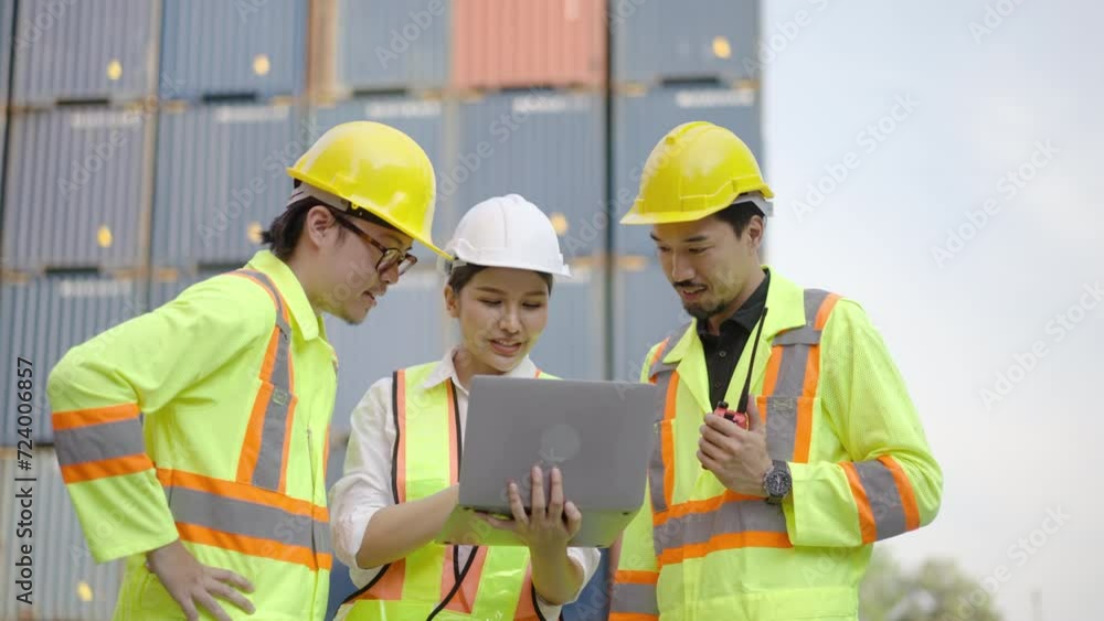 Group of professional dock worker and engineering people taking with their supervisor while record data online with digital laptop at warehouse logistic in cargo freight ship for import and export Group of professional dock worker and engineering people taking with their supervisor while record data online with digital laptop at warehouse logistic in cargo freight ship for import and export