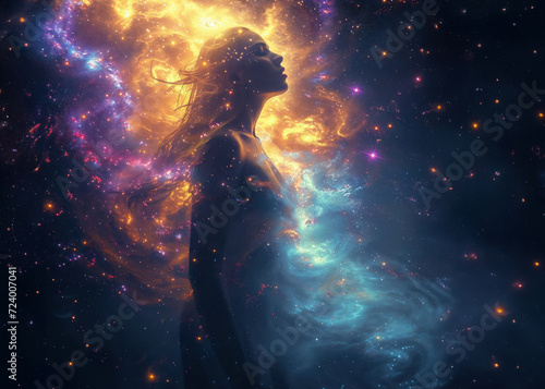 Ethereal woman in cosmic swirls of stars and nebulae.