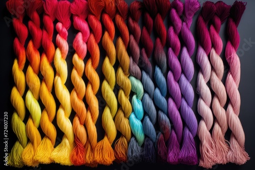 A photo featuring a straight line of various hanks of multicolored yarn neatly arranged. photo