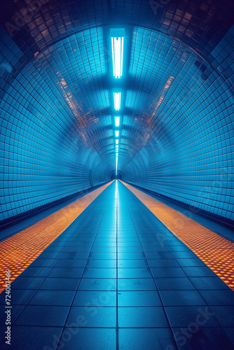 Tiled blue and orange lit subway station hall with vanishing point photo