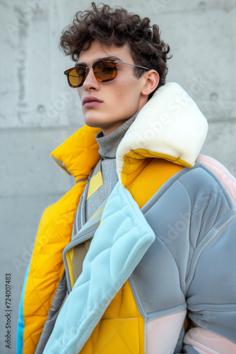 Male fashion model with an achitectural grey, blue and yellow oversized winter jacket - Generative AI photo