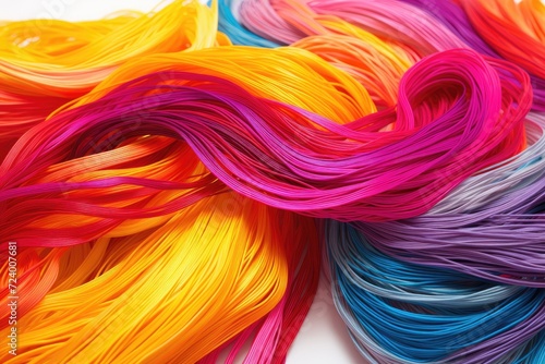 This photo features a variety of differently colored strands of hair arranged on a white surface.