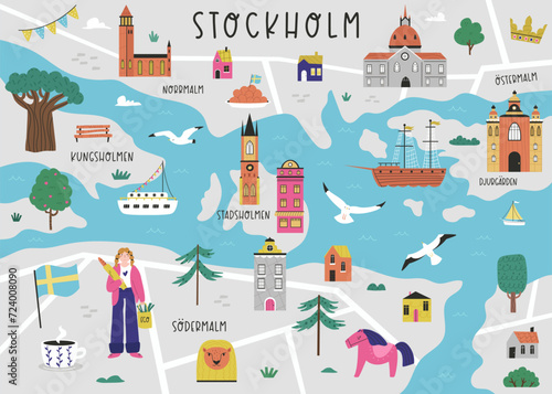Vector stylized illustrated city map of Stockholm with famous landmarks, places and symbols