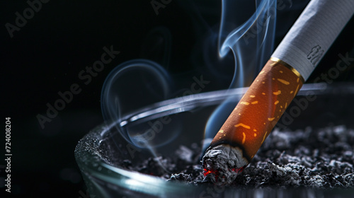 Close-up of a glowing cigarette in an ashtray, smoke, its gray wisps contrasting with the black background. There is an ashtray on the table. Illustration. photo