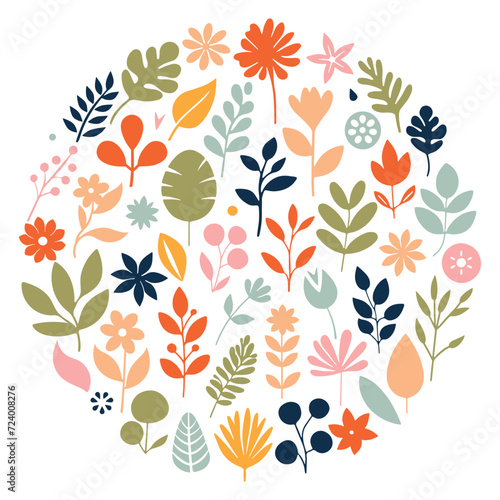 Floral abstract shapes collection. Color leaves, branch and flowers set. Vector illustration.