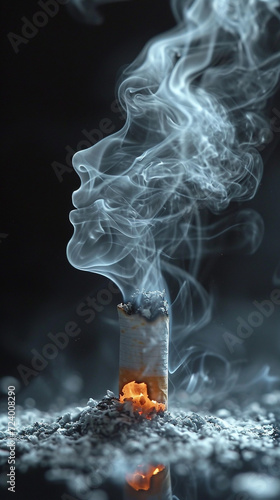 Close-up of a glowing cigarette in an ashtray, smoke, its gray wisps contrasting with the black background. There is an ashtray on the table. Illustration.