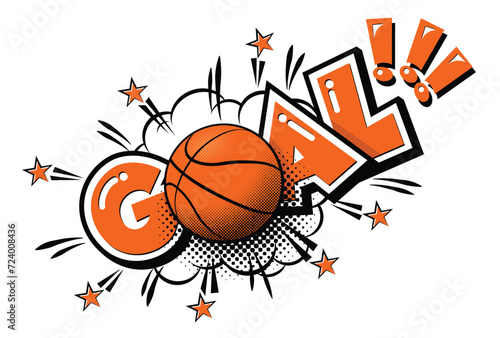 Goal basketball comic icon. Ball and explosion text speech bubble. Vector sticker template on transparent background