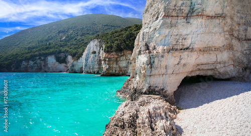 Greece best beaches of Ionian islands. Cephalonia (Kefalonia)- scenic desrted beach Fteris with tropical turquoise sea and white sand