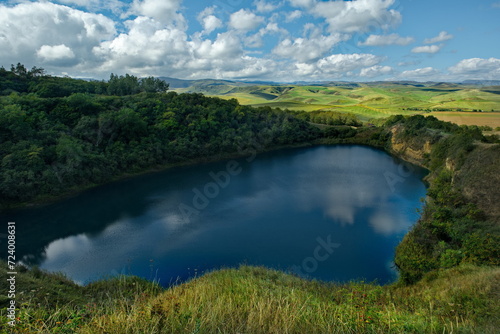 Russia. Kabardino-Balkaria. View of the deep-water karst lakes with blue water and steep shores, where the filming of the film "Sannikov Land" took place.