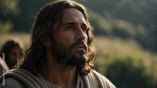 "Capture Jesus Christ's journey with a cinematic touch using an 85mm lens at f/1.4 for a shallow depth of field, and a divine blur background.