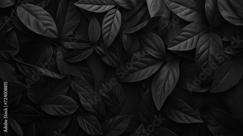 Matte black leaves on black background texture, wallpaper
