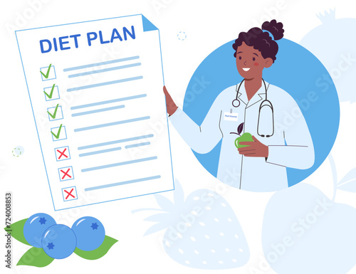 Female nutritionist prepares nutritional plan. Individual Dietary. Diet consultation and nutrition plan concept.