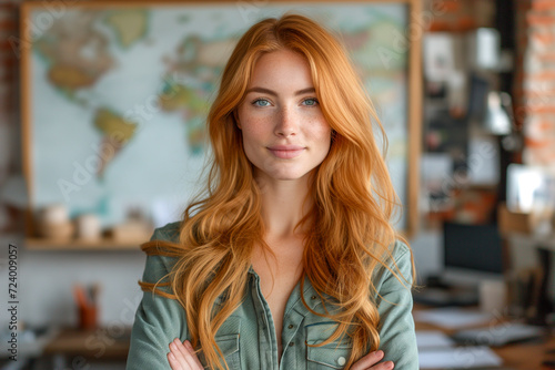 portrait of a woman, teacher, redhead, with a classroom in background defocused