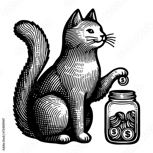 cat with a coin bank jar sketch