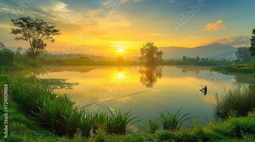 A fisherman in a boat on a lake at sunrise with a beautiful sky and reflection on the water