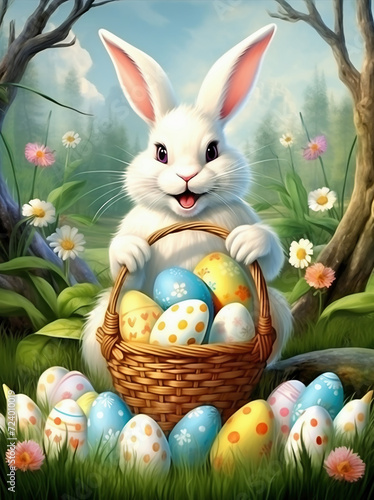 cartoon scene with happy easter bunny in the forest with basket full of eggs - illustration for children