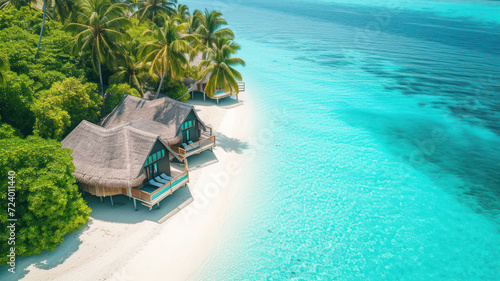 Aerial view of a luxury villa on a serene tropical beach with clear turquoise waters.