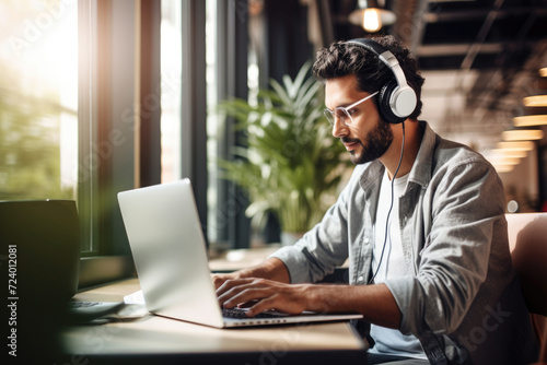 A man seated at a desk wearing headphones while engaged in work on his laptop.