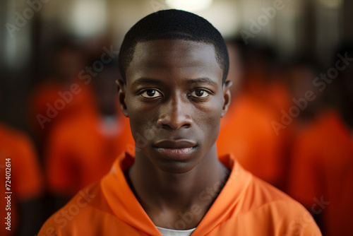 Generative AI portrait of criminal person trapped jailed wearing orange prison uniform © deagreez