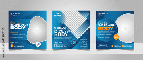 Gym promotional social media post, Fitness club square flyer web banner instagram ads blue color template set, Shape your body motivation design, Yoga training center advertising poster bundle.