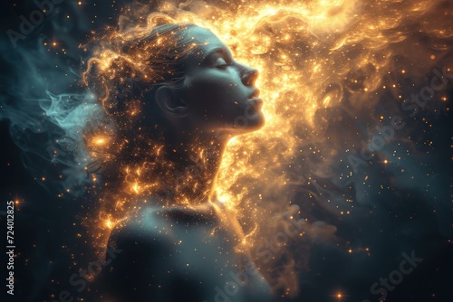 Woman's face aglow with stardust, eyes closed in cosmic tranquility