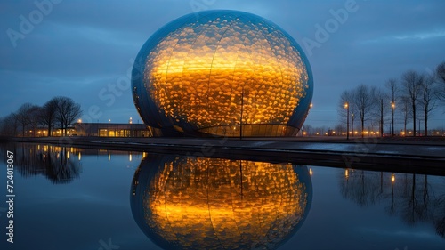 A photograph showcasing a sizeable spherical building located adjacent to a body of water.