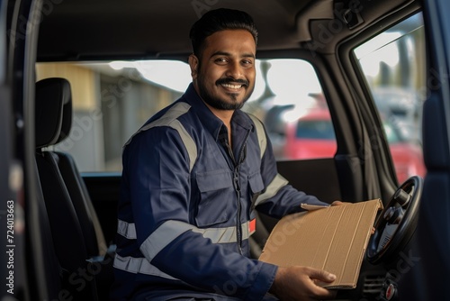 A man sits in the drivers seat of a truck, holding a box.