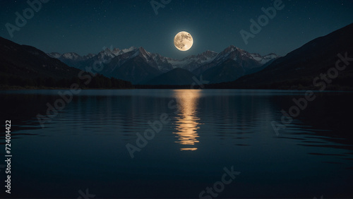 Enchanting moonlit lake with shimmering reflections. Serene and introspective mood, mountains, midnight calm. Mystical full moon casting a tranquil spell.