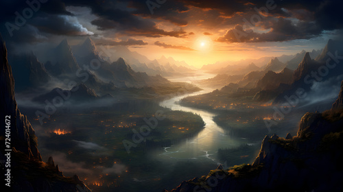 Sunset over the majestic mountain creates a tranquil seascape beauty   A sunset over a river with mountains and clouds 