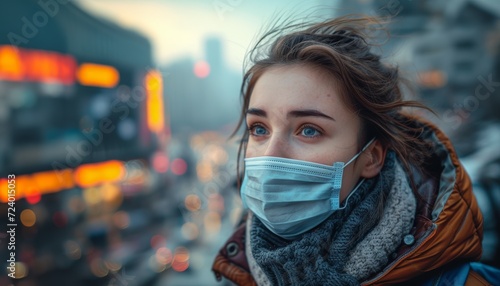 Woman in medical mask on city background highlighting health precautions during urban life, air pollution and smog image photo
