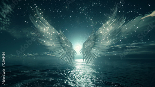 A set of delicate wings made entirely of shimmering moonbeams and starlight hovering above a peaceful ocean on a quiet night.